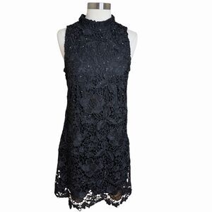 Signature Robbie Bee Black Lace Dress 10P Floral Mock Neck Sparkle Cocktail Bow